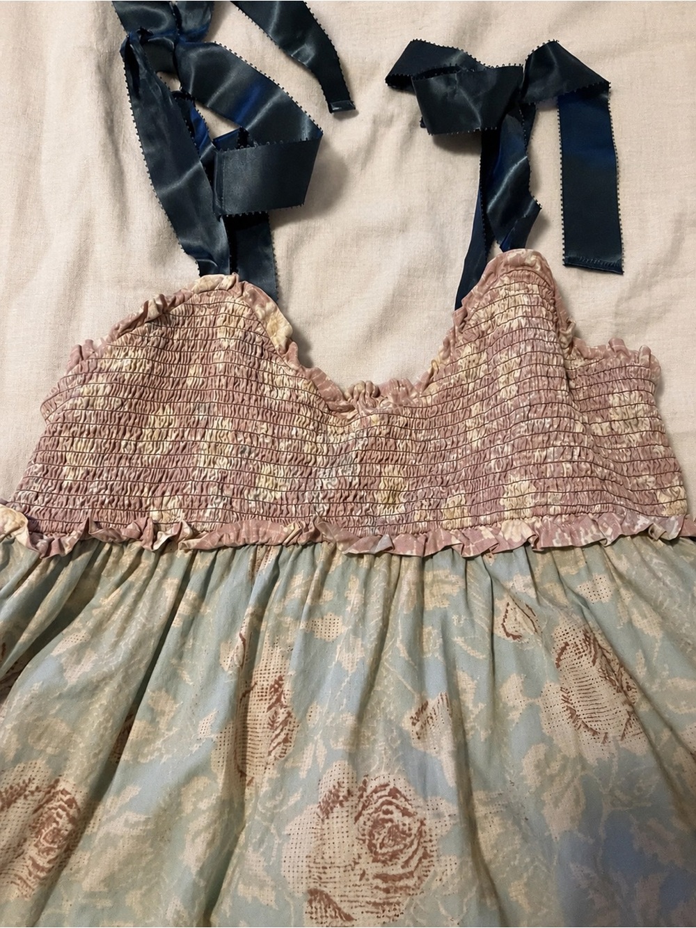 Free People Smocked Top with Blue Floral Skirt and Navy Ribbon Blue Bell Maxi - Picture 2 of 8